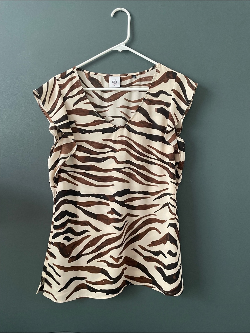 Cabi Zebra Print V-Neck Flutter Sleeve Top